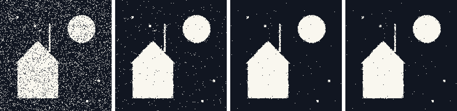 Four black and white masks. The first is full of specks. The second has far fewer. The third and fourth are clean shapes of a house, a sun and an antenna.